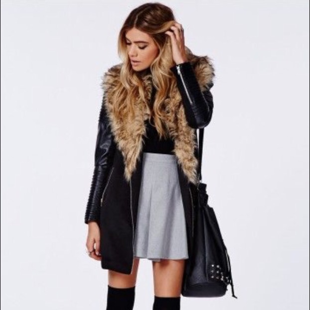 Black Coat with Fur collar and Leather Sleeves