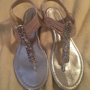 Gold silver and tan flip flops