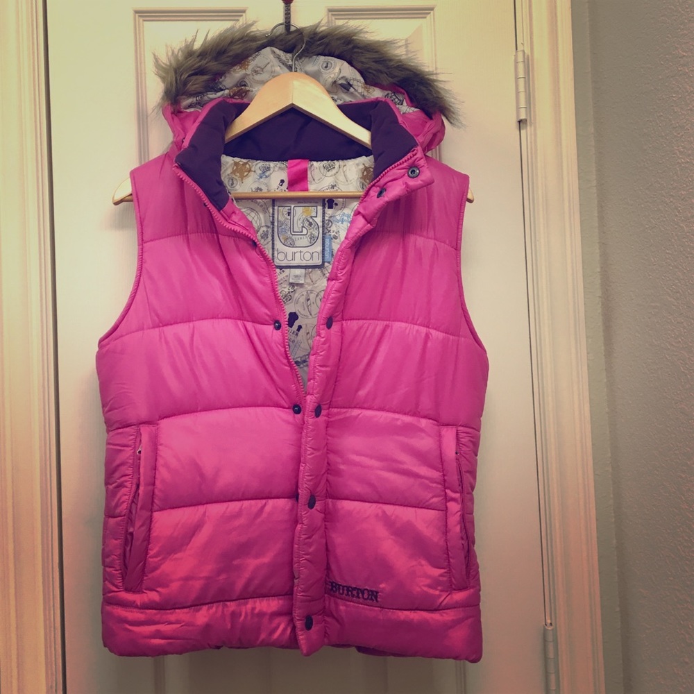 Burton pink puffer vest with fur hood