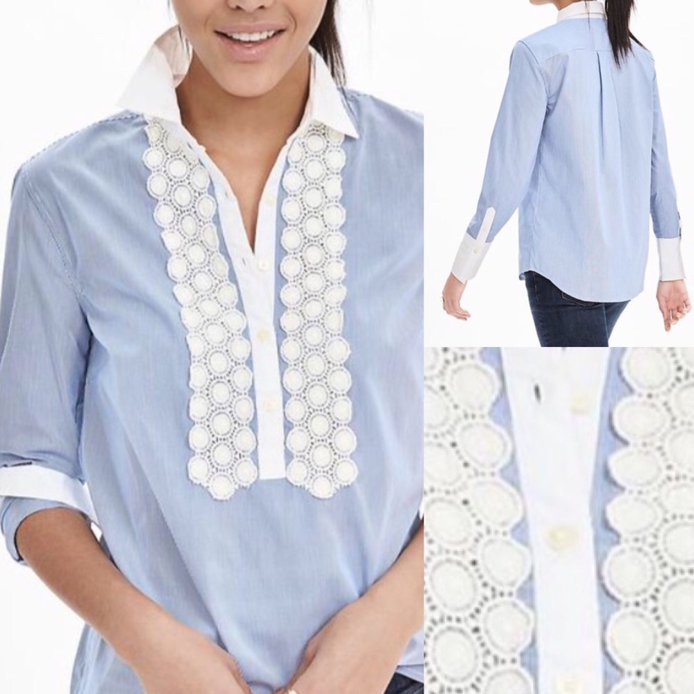 Light blue and white stripe-trim shirt.