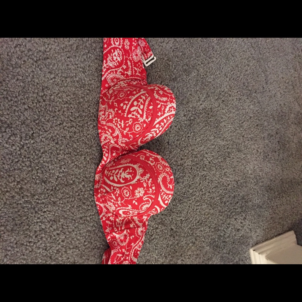 Red and white bandana print bandeau bikini top.