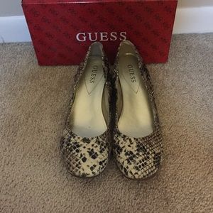 Guess, snakeskin slides with slight heel!