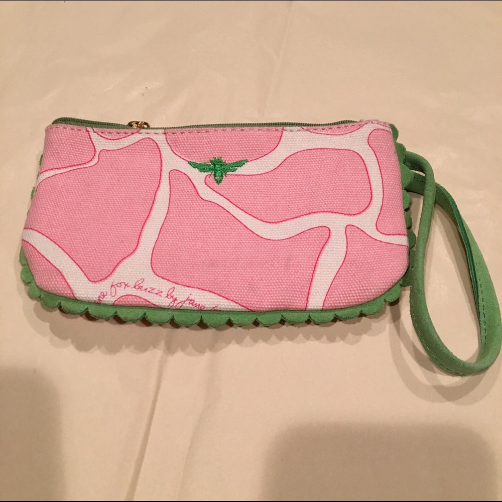 Used, Buzz by Jane Fox, pink/green wristlet.