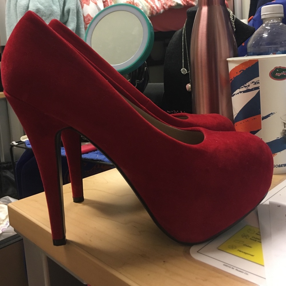 Red velour platform heels