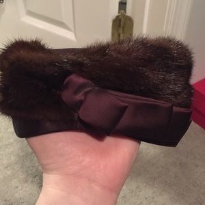 Brown satin and mink pill box hat
