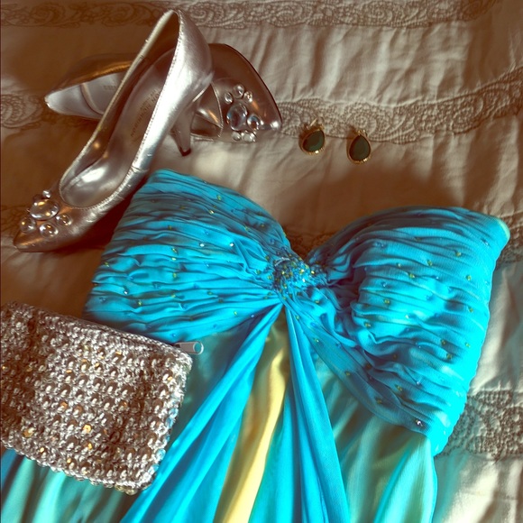 Turquoise & Yellow Beaded Prom Dress, Floor Length - Picture 1 of 3