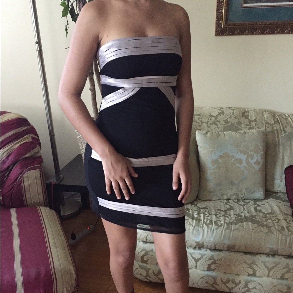 Strapless black mini dress