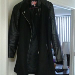 Black Mid-length coat with Leather Sleeves