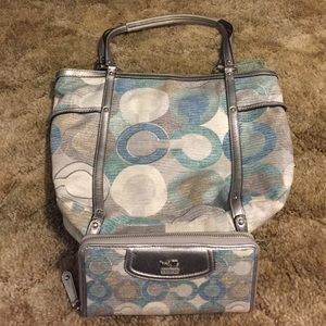 Light Blue Metallic Coach and Wallet