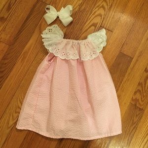 Pink seersucker lace yoke dress