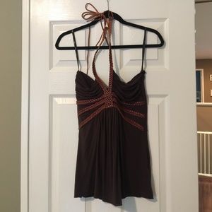 Brown sky brand leather strappy halter top.