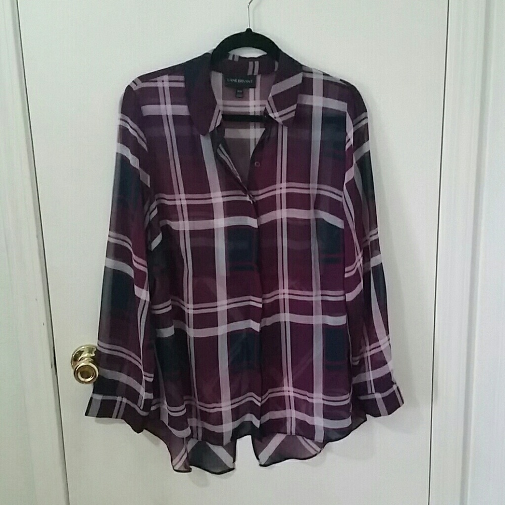 Sheer purple plaid high low shirt