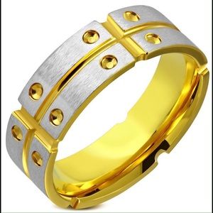 8mm Stainless Steel 2-tone Grooved Band Ring
