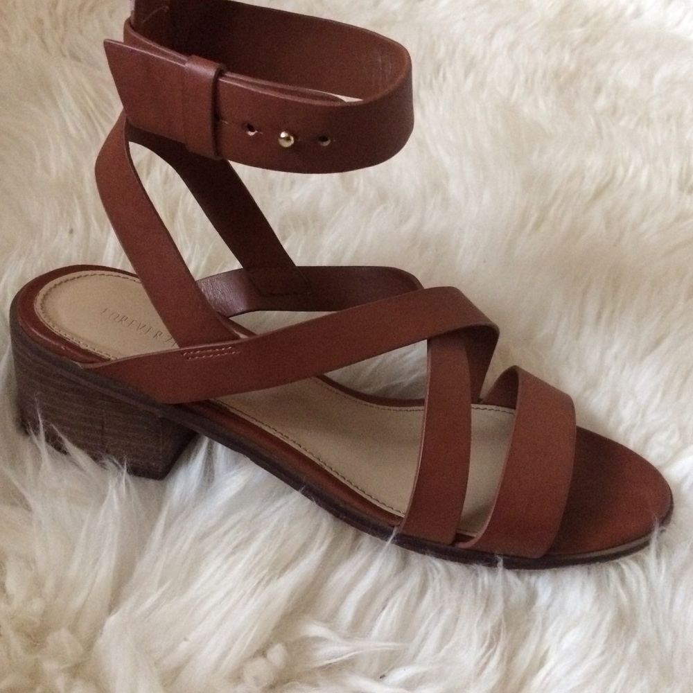 Brown ankle strap chunky heeled sandal