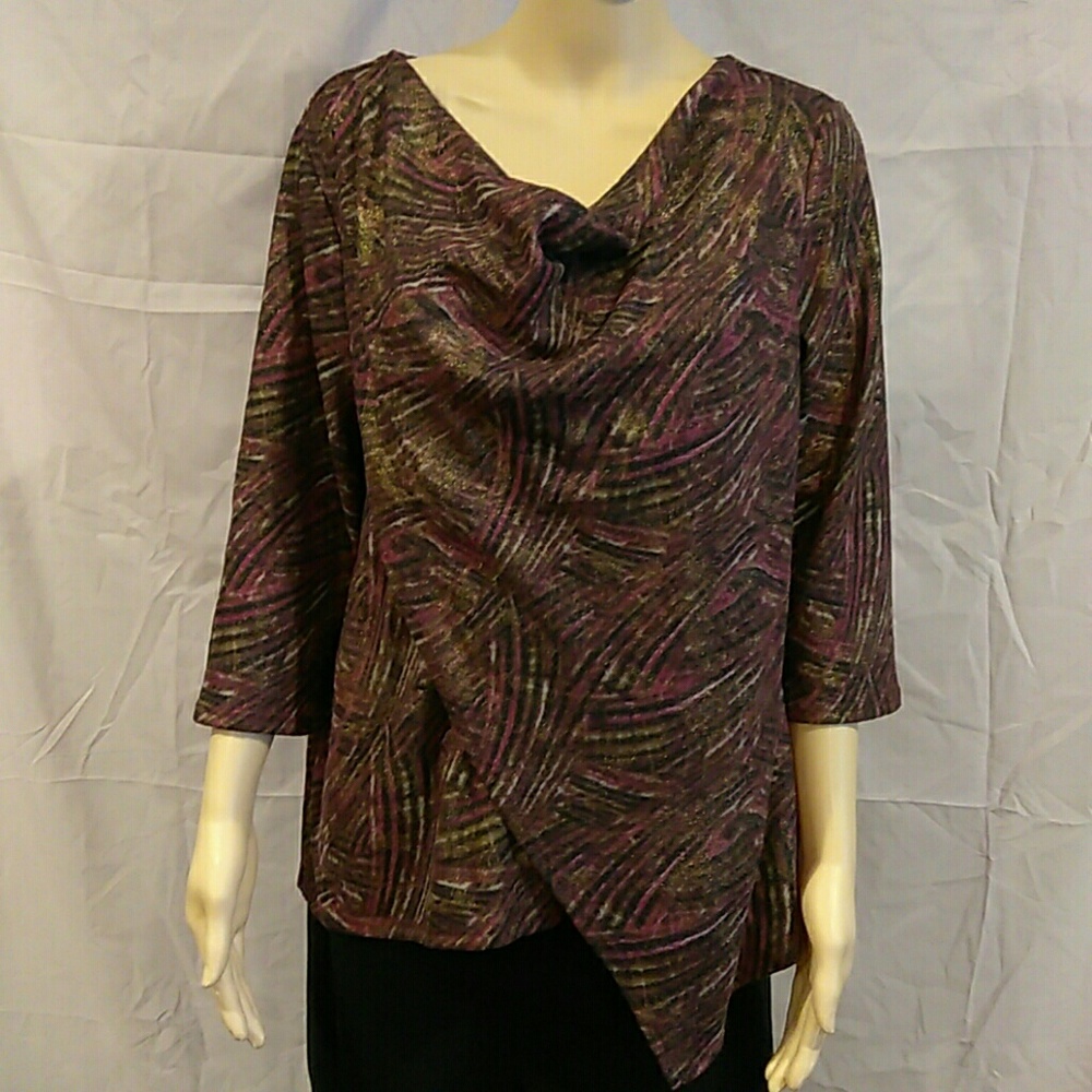 NY Collection 3/4 Sleeve Drap Neck Printed Top