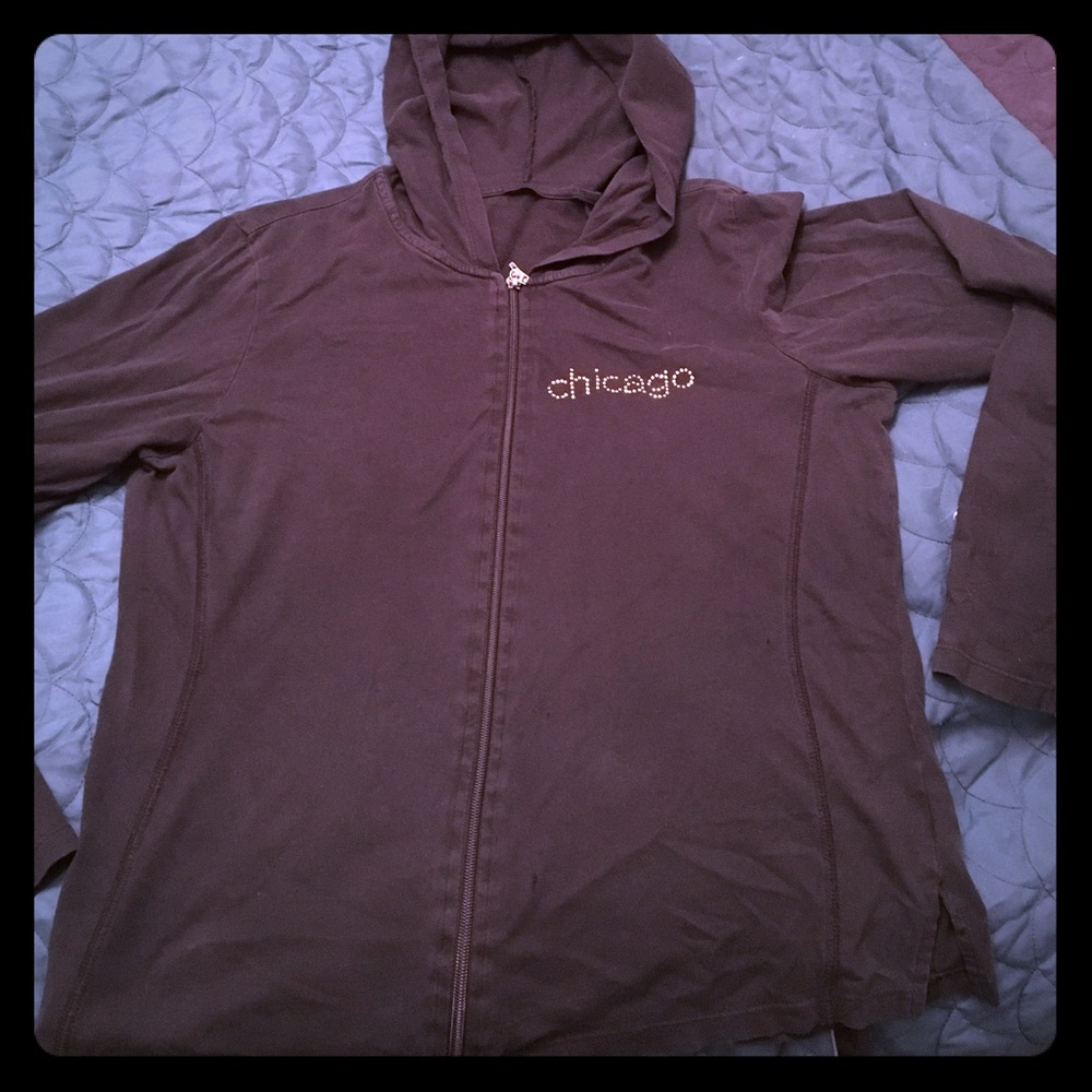 Black zip up hoodie with "Chicago" in rhinestones