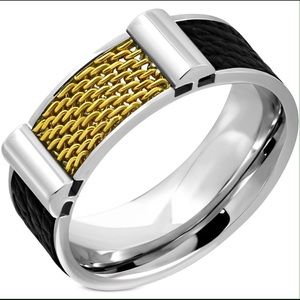 8mm Stainless Steel 2-tone Black Leather Ring
