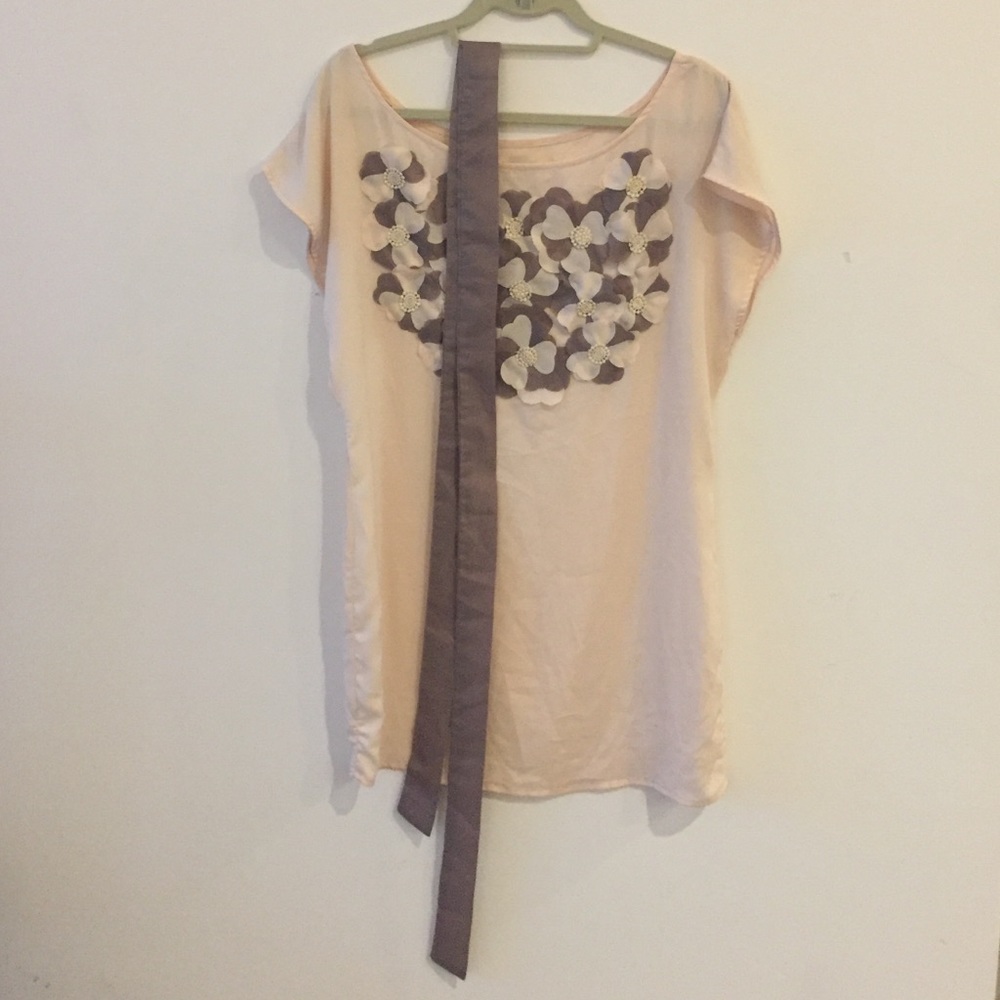 Pale pink dress with floral detail & belt