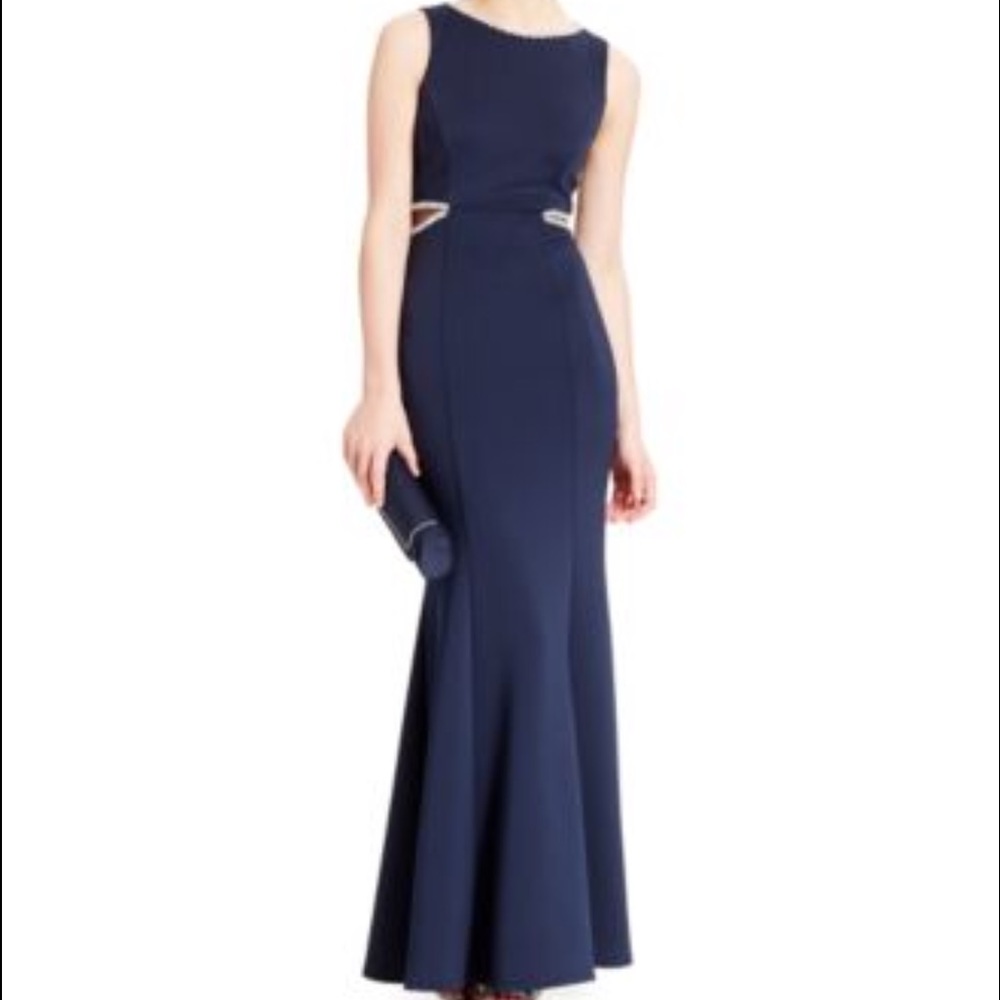 Xscape jewel trim cutout dress size 10 navy blue