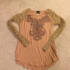 Tan blouse with lace sleeves