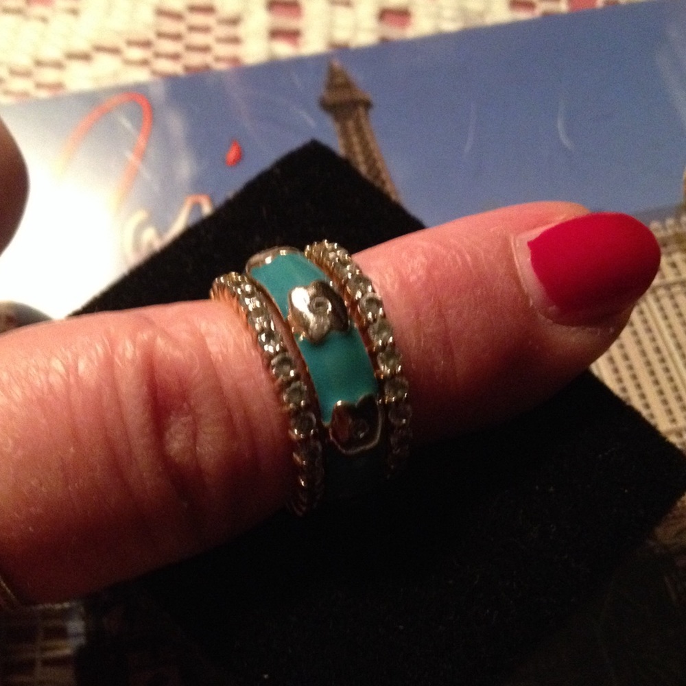 3 Stacked Rings Turquoise Gold Crystal Sz 7