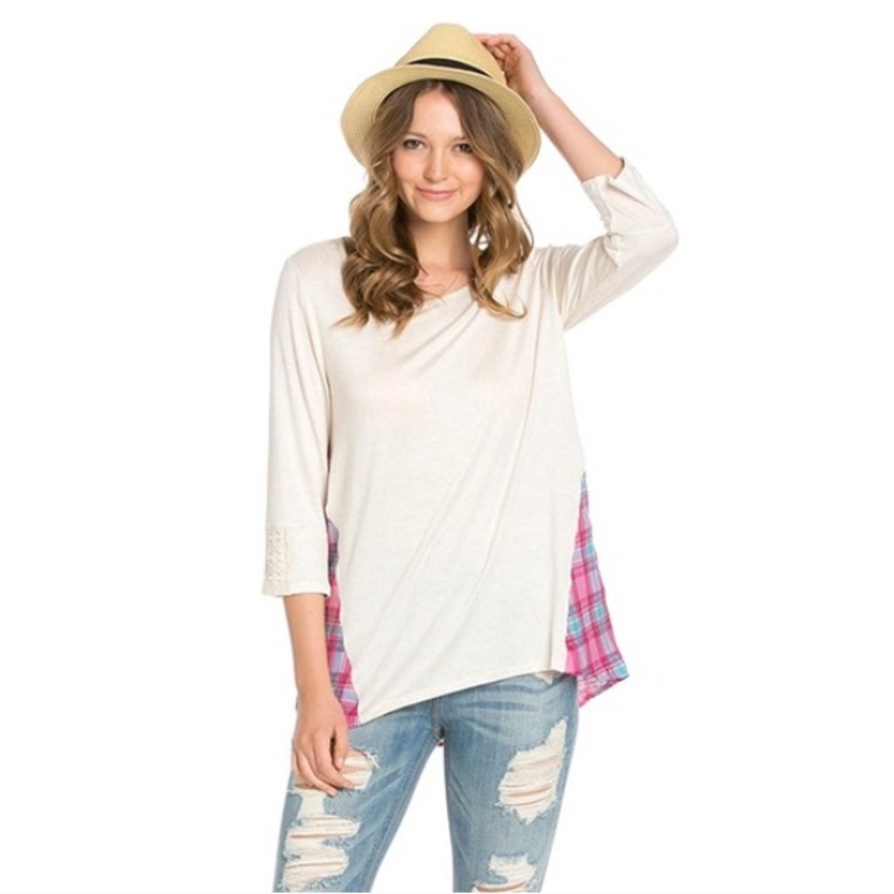 Pink plaid and beige top