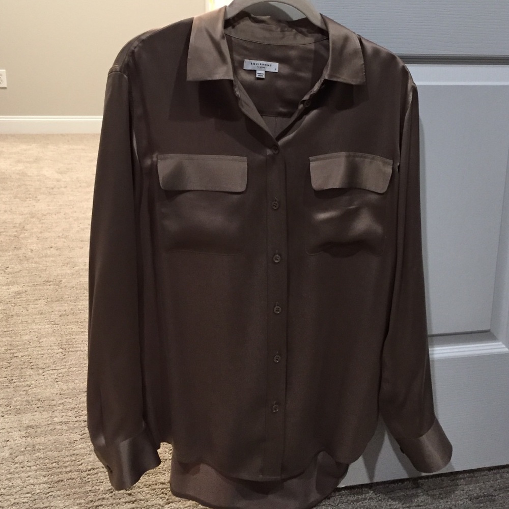 Golden/tan colored silk button up blouse