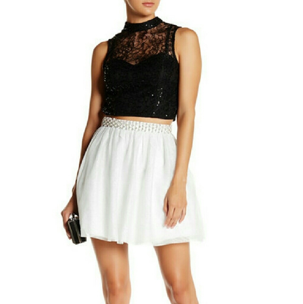 High-Waisted White Skirt & Black Sequin Crop Top