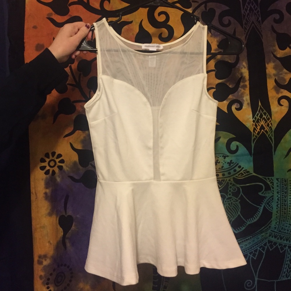 White peplum sheer deep v neck top