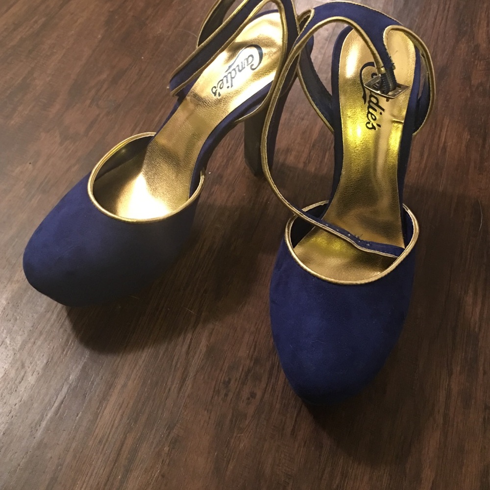 Navy blue with gold heels