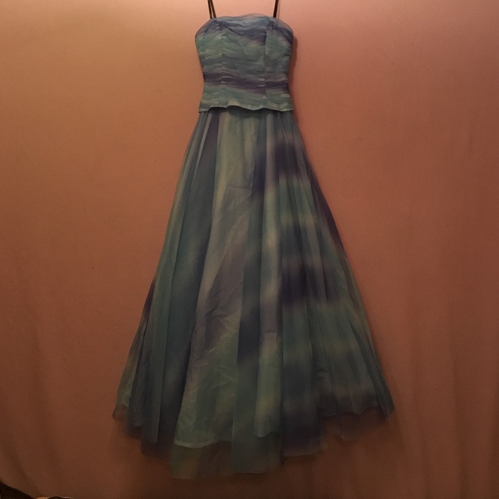 Strapless blue multi colored prom dress