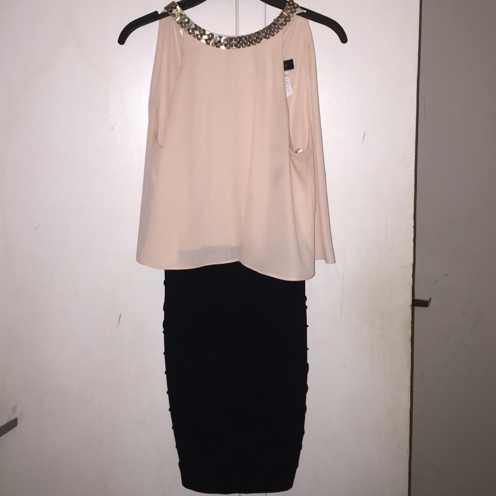 Cream Beige Top Gold Neck Black Bottom Dress