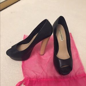 Steve madden black wooden heel peep toe platforms