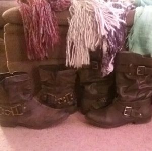 Brown boots on left and silver boots on right