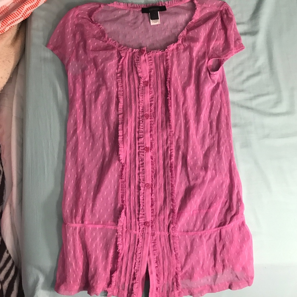 Sheer, purple button up shirt!