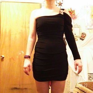 Black bodycon one shoulder dress with bling stud