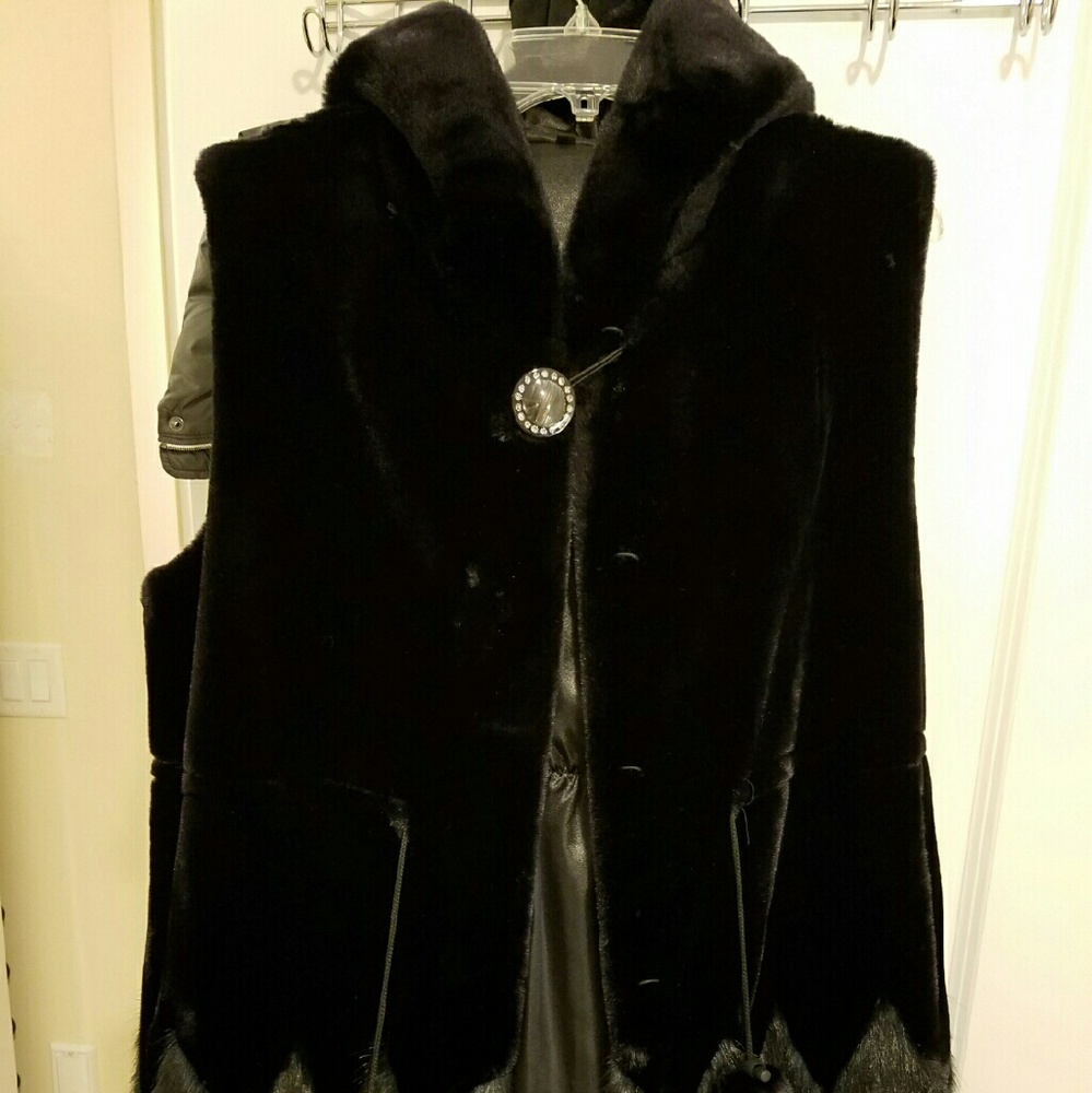 Faux Fur but high quality black long vest w/ hood