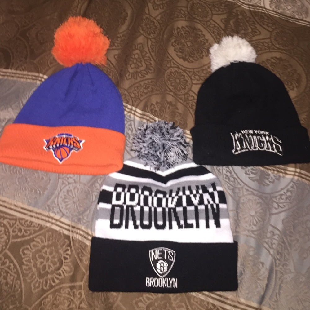 Knicks hat with fuzz ball & Nets fuzz ball hat