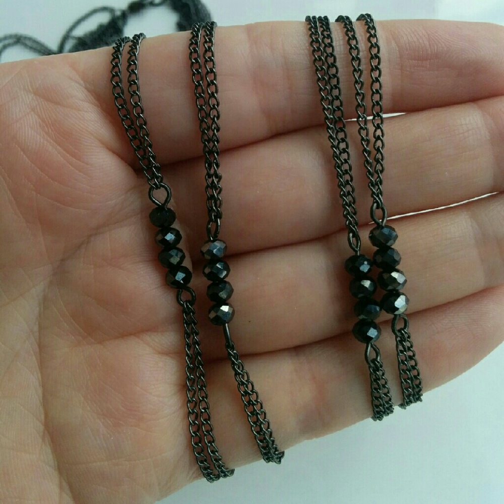 Triple-strand black chain and bead necklace