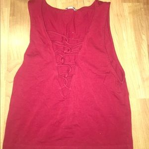 Red tshirt criss-cross design (WORN ONCE)