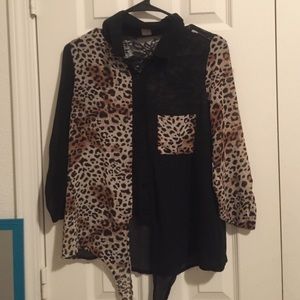 Cheeta Print Button Up & Tie Blouse