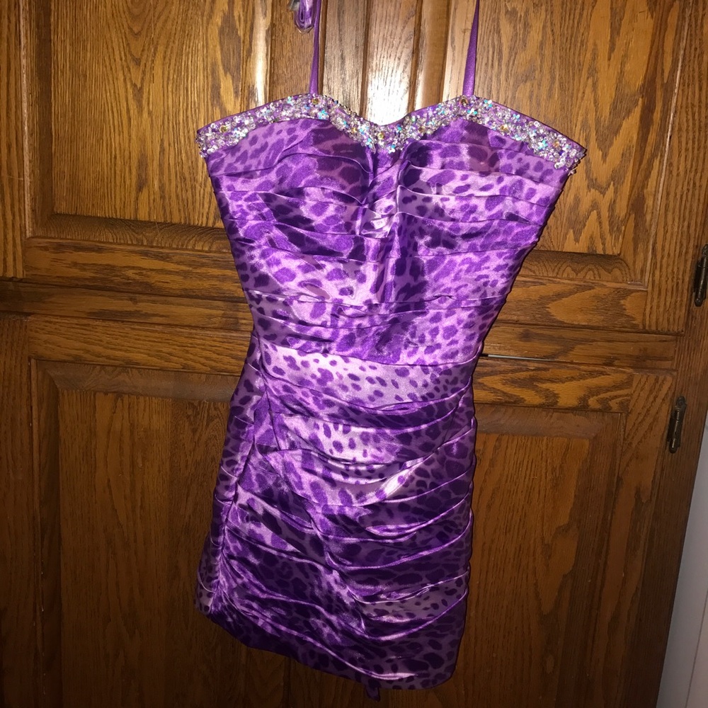 Mori Lee strapless purple cheetah dress