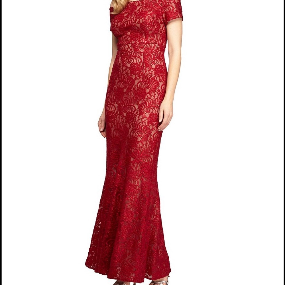 Alex Evenings Red Lace Off the Shoulder Gown