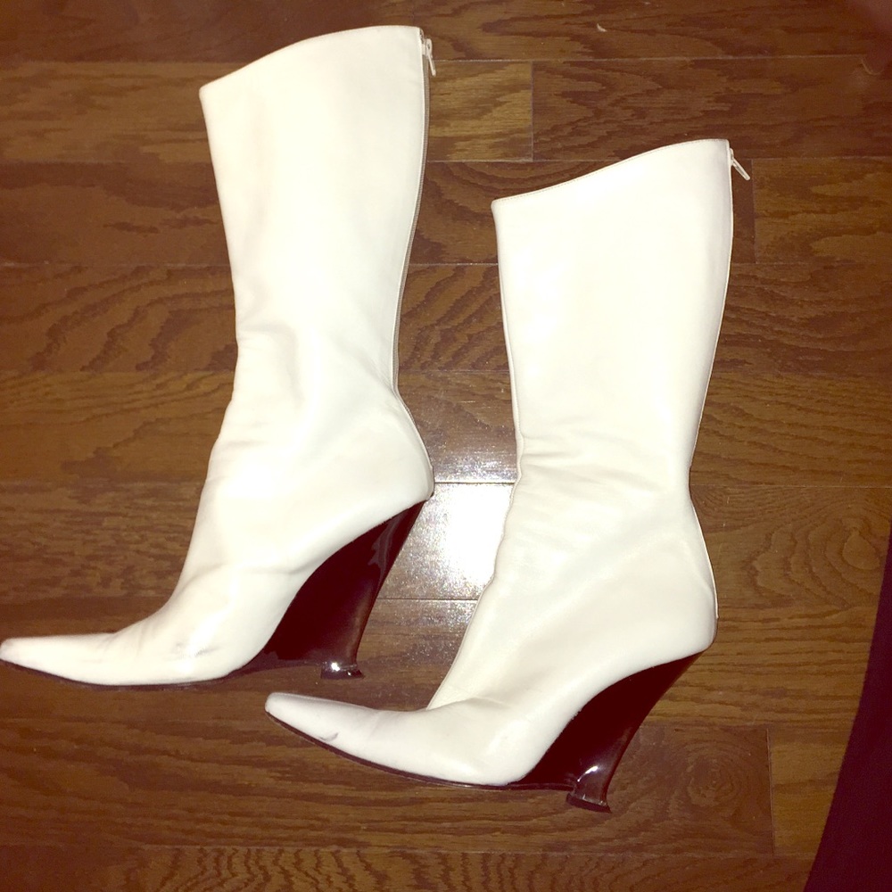 Tall white lucite wedge calf boots