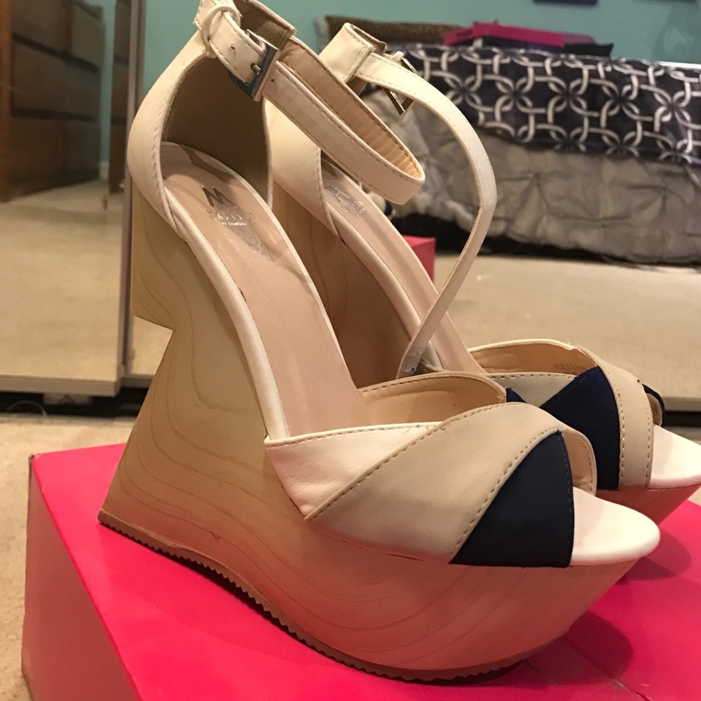 Unique asymmetrical wedges navy and beige