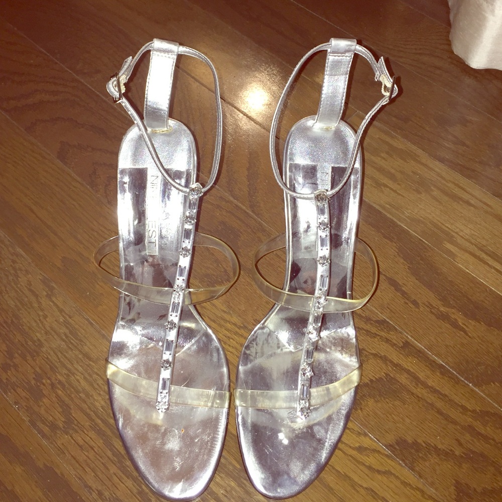 Silver crystal T-strap lucite Sandle heels.