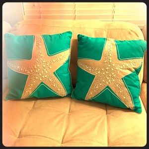 PERFECT PAIR Beaded Aqua Starfish Pillows 16X16