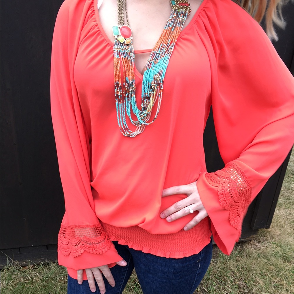 Fun and Flirty Bell Sleeve Coral Long Sleeve Top