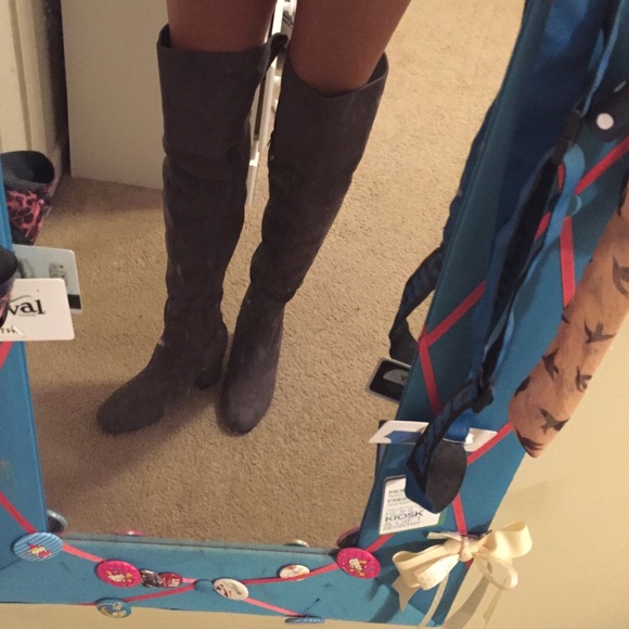 Go Jane Shoes - Go Jane Over the Knee Grey Suede Heel Boots