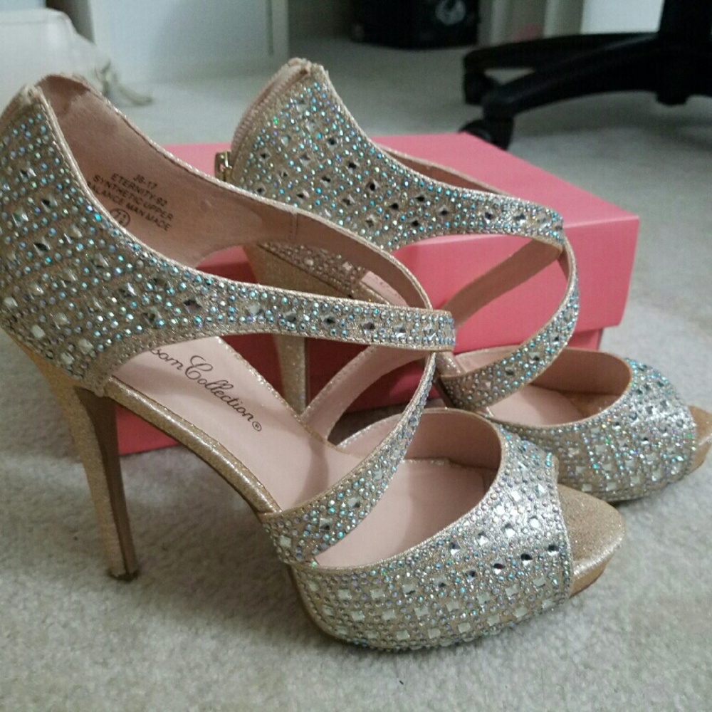 Nude champagne jeweled high heel stilettos